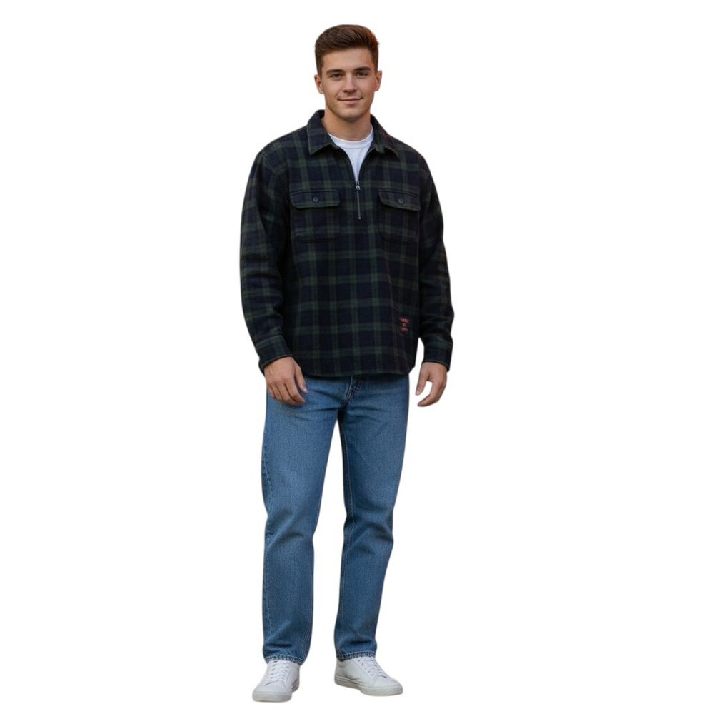 Polo Jeans Co. Ralph Lauren Plaid 1/2 Zip Pullover Navy Green Flannel Sz L